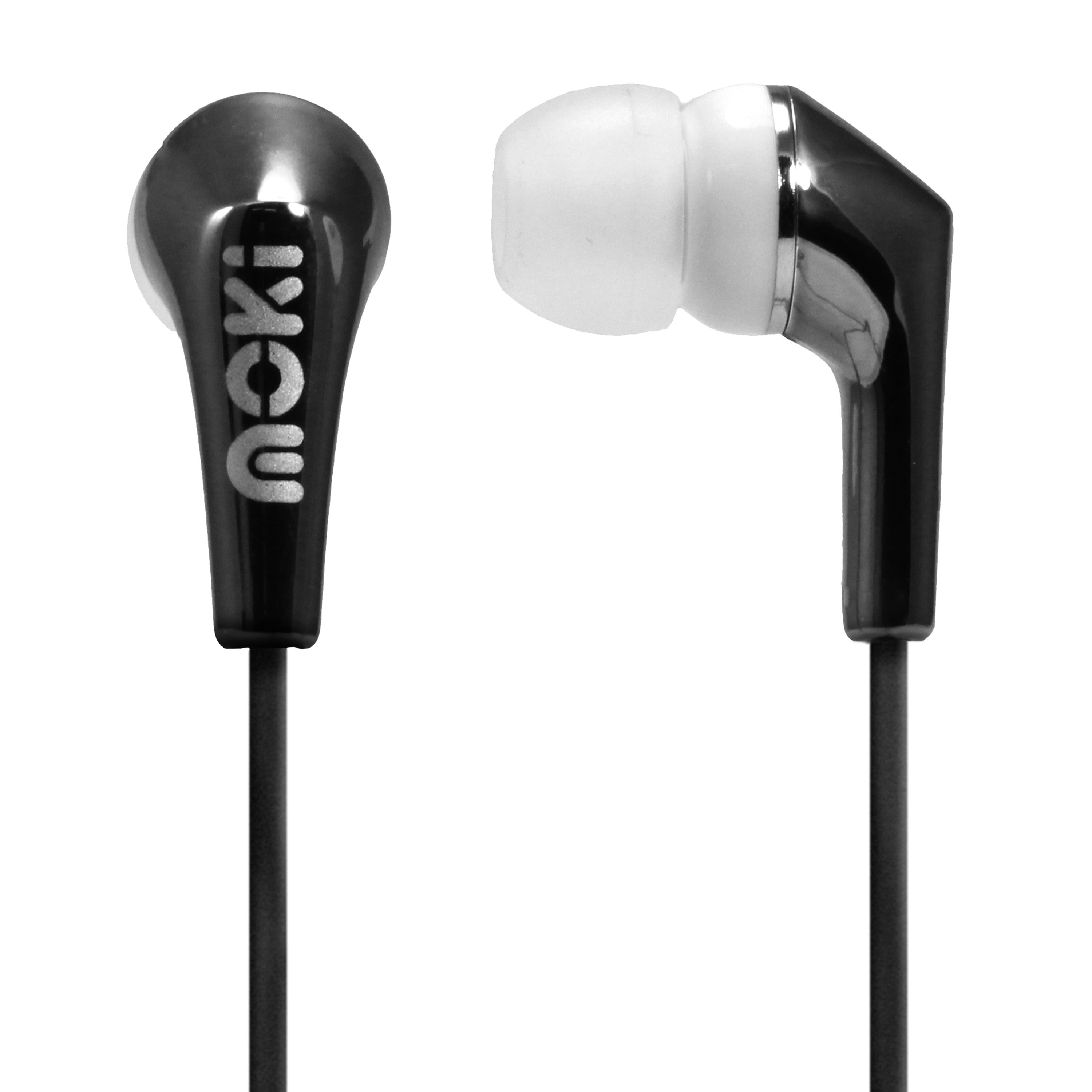 MOKI Metallics Earphone in black with a shiny metallic finish, featuring soft silicone buds for comfort and noise isolation.